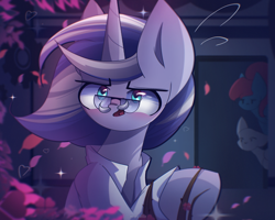 Size: 2500x2000 | Tagged: safe, artist:miryelis, derpibooru import, oc, oc only, pony, unicorn, big ears, blushing, clothes, crossover, ears, glasses, leaves, lobotomy corporation, looking up, male, tree