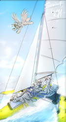 Size: 3508x6480 | Tagged: safe, artist:sinrinf, derpibooru import, oc, alicorn, earth pony, pegasus, pony, unicorn, commission, flying, ocean, sails, sketch, water, your character here