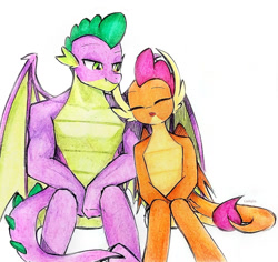 Size: 1280x1210 | Tagged: safe, artist:liaaqila, derpibooru import, smolder, spike, dragon, commission, dragoness, eyes closed, female, gigachad spike, looking at someone, male, older, older smolder, older spike, shipping, simple background, spolder, straight, white background, winged spike, wings