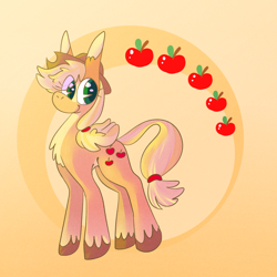 Size: 1000x1000 | Tagged: safe, artist:sugvr_alien, derpibooru import, applejack, earth pony, pony, apple, food, gradient background, orange background, simple background, solo