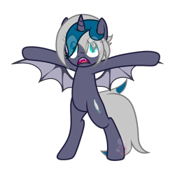 Size: 1022x1022 | Tagged: safe, artist:jerlai, derpibooru import, oc, oc only, oc:elizabat stormfeather, alicorn, bat pony, bat pony alicorn, pony, alicorn oc, bat pony oc, bat wings, bipedal, commission, fangs, female, horn, mare, open mouth, scared, shocked, shocked expression, simple background, solo, transparent background, wings, ych result