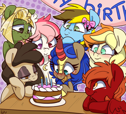 Size: 2504x2264 | Tagged: safe, artist:lou, derpibooru import, oc, oc only, oc:acorus, oc:blood moon, oc:cobalt flame, oc:crimson sky, oc:louvely, oc:lucky bolt, oc:sodapop sprays, birthday, bow, cake, candle, food, happy, happy birthday, simple background, text