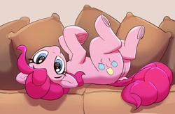 Size: 2000x1314 | Tagged: safe, artist:pabbley, derpibooru import, pinkie pie, earth pony, pony, behaving like a dog, butt, cute, diapinkes, female, frog (hoof), looking at you, lying down, mare, on back, plot, ponk, puppy pie, sofa, solo, underhoof