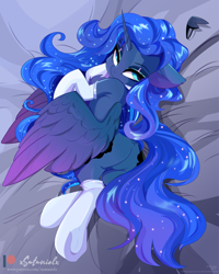 Size: 2470x3088 | Tagged: safe, artist:lincolnbrewsterfan, artist:xsatanielx, derpibooru exclusive, derpibooru import, princess luna, alicorn, pony, .svg available, absurd resolution, bed, bedroom eyes, blue mane, blue tail, butt, catchlights, chest fluff, clothes, collar, colored, colored pupils, colored wings, complex background, crown, cyan eyes, dock, ears, eyeshadow, featureless crotch, female, floppy ears, frog (hoof), glowing, glowing eyes, glowing mane, glowing tail, gradient mane, gradient tail, gradient wings, highlight, highlights, hoofbutt, horn, inkscape, jewelry, lidded eyes, long mane, long tail, looking at you, looking back, looking back at you, lying, lying down, makeup, mane, mare, missing accessory, moonbutt, multicolored eyes, multicolored mane, multicolored tail, nc-tv signature, on bed, on side, patreon, patreon logo, plot, presenting, raised hoof, raised leg, raised tail, rcf community, rear view, redraw, regalia, remake, sfw edit, shading, shadow, shadows, signature, socks, solo, sparkly mane, sparkly tail, spread wings, style emulation, sultry, sultry pose, svg, tail, underhoof, vector, vector edit, wings, wings down
