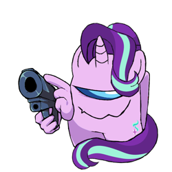 Size: 1280x1280 | Tagged: safe, artist:josephthedumbimpostor, derpibooru import, starlight glimmer, among us, gun, impostor, simple background, solo, sus (among us), weapon, white background