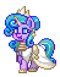Size: 196x252 | Tagged: safe, artist:steamydonutz, derpibooru import, oc, oc only, oc:azure glamour, pony, unicorn, animated, blinking, clothes, crown, curly hair, curly mane, curly tail, description, female, jewelry, mare, pixel art, pony town, regalia, simple background, solo, story included, tail, transparent background, trotting, trotting in place, walking