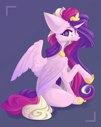 Size: 1280x1609 | Tagged: safe, artist:justeuge, derpibooru import, princess cadance, alicorn, pony, g4, crown, curved horn, digital art, feather, female, hoof shoes, horn, jewelry, looking at you, mare, multicolored mane, multicolored tail, peytral, purple background, purple eyes, raised hoof, raised leg, regalia, simple background, sitting, solo, tail, teeth, wings