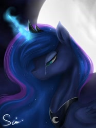 Size: 1229x1639 | Tagged: safe, artist:midna77, derpibooru import, princess luna, alicorn, pony, g4, blue eyes, blue mane, crown, crying, digital art, ethereal mane, eyelashes, eyeshadow, feather, female, flowing mane, folded wings, glowing, glowing horn, horn, jewelry, looking down, magic, makeup, mane, mare, moon, moonlight, night, peytral, regalia, sad, signature, solo, starry mane, sternocleidomastoid, teary eyes, wings