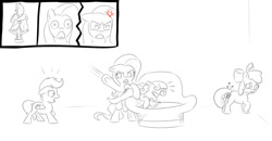 Size: 1238x645 | Tagged: safe, derpibooru import, apple bloom, fluttershy, scootaloo, sweetie belle, earth pony, pegasus, pony, unicorn, stare master, angry, broken, crying, cutie mark crusaders, discipline, female, filly, foal, imminent spanking, mare, monochrome, punishment, quadrupedal, shocked, sofa, spanked, spanking, time out