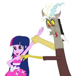 Size: 1124x1098 | Tagged: safe, derpibooru import, edit, edited screencap, screencap, discord, twilight sparkle, armpit tickling, armpits, arms in the air, clothes, dress, fall formal outfits, hands in the air, not a vector, simple background, sleeveless, smiling, strapless, strapless dress, tickle torture, tickling, white background