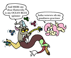 Size: 693x566 | Tagged: safe, artist:punkittdev, derpibooru import, discord, fluttershy, draconequus, pegasus, pony, commission, dialogue, dork, duo, female, fidget spinner, male, mare, simple background, speech bubble, white background