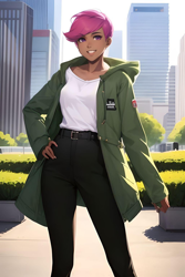 Size: 1024x1536 | Tagged: safe, ai content, derpibooru import, editor:sammykun, machine learning generated, scootaloo, human, belt, city, clothes, cosplay, costume, dc extended universe, female, hand on hip, humanized, jacket, lake, lois lane, my adventures with superman, older, older scootaloo, open clothes, open jacket, pants, plant, prompter:sammykun, railing, shirt, short hair, solo, tree, water, white shirt