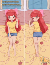 Size: 2480x3189 | Tagged: safe, artist:focusb, derpibooru import, apple bloom, human, ass, barefoot, bed, bloom butt, body pillow, body pillow design, butt, child, clothes, dakimakura cover, denim, denim shorts, feet, female, humanized, looking at you, lying down, on back, on bed, pillow, prone, shirt, shorts, solo, t-shirt, teasing, text, tongue, tongue out, underage
