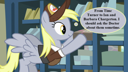 Size: 1280x720 | Tagged: safe, derpibooru import, edit, edited screencap, screencap, derpy hooves, pegasus, pony, the break up breakdown, cute, derpabetes, doctor who, hat, implied doctor whooves, mail, mailmare hat, mailmare uniform, package, post office, thought bubble