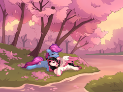Size: 2548x1911 | Tagged: safe, artist:skysorbett, derpibooru import, oc, oc only, oc:lunylin, oc:nohra, earth pony, pegasus, pony, cherry blossoms, collar, colored belly, colored eartips, colored hooves, colored wings, cute, duo, earth pony oc, eyes closed, female, flower, flower blossom, lying down, mare, outdoors, pegasus oc, smiling, tree, two toned wings, water, wings