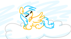 Size: 550x305 | Tagged: safe, artist:algoatall, derpibooru import, sunshower raindrops, pegasus, pony, cloud, female, gartic phone, grooming, lying down, lying on a cloud, mare, on a cloud, preening, simple background, sky, solo, white background, wings