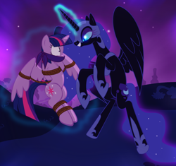 Size: 824x773 | Tagged: safe, artist:radiantrealm, derpibooru import, nightmare moon, twilight sparkle, twilight sparkle (alicorn), alicorn, pony, bondage, bound and gagged, cloth gag, duo, gag, kidnapped, magical bondage, over the nose gag, rope, rope bondage, tied up