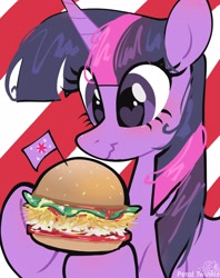 Size: 1620x2048 | Tagged: safe, artist:petaltwinkle, derpibooru import, twilight sparkle, twilight sparkle (alicorn), alicorn, pony, burger, bust, female, flag, food, hay burger, heart, heart eyes, hoof hold, looking at something, mare, signature, smiling, solo, that pony sure does love burgers, twilight burgkle, wavy mouth, wingding eyes