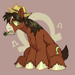 Size: 1792x1792 | Tagged: safe, artist:silverycryptid, derpibooru import, trouble shoes, earth pony, pony, annoyed, beard, black mane, brown background, brown coat, chest fluff, clover, cutie mark background, facial hair, facial markings, four leaf clover, green eyes, gritted teeth, hat, hoof fluff, horseshoes, looking down, looking sideways, male, messy mane, profile, sad eyes, short tail, simple background, sitting, solo, stallion, stubble, tail, teeth, unshorn fetlocks