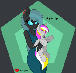 Size: 1602x1552 | Tagged: safe, artist:whisperheart, derpibooru import, oc, oc:whisper, oc:xenos, anthro, changeling, original species, clothes, dress, ear piercing, missing horn, no mouth, piercing, plush pony, plushie, sleeveless, sleeveless dress