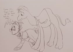 Size: 2048x1448 | Tagged: safe, artist:pony quarantine, derpibooru import, oc, oc only, oc:dr.frakenmare, oc:igor, camel, earth pony, pony, dialogue, duo, female, grayscale, mare, monochrome, pencil drawing, sketch, traditional art