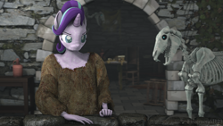 Size: 3840x2160 | Tagged: safe, artist:fireemerald123, derpibooru import, starlight glimmer, anthro, wendigo, 3d, archway, bone, book, candle, chair, clothes, jug, skeleton, source filmmaker, stone wall, sæla, table, torn banner, vine, watermark