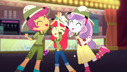 Size: 1920x1080 | Tagged: safe, derpibooru import, screencap, apple bloom, scootaloo, sweetie belle, eqg summertime shorts, equestria girls, the canterlot movie club, apple bloom's boots, boots, cinema, cutie mark crusaders, food, high five, popcorn, scootaloo's boots, shoes, sweetie belle's boots