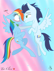 Size: 750x1000 | Tagged: safe, artist:ilaria122, derpibooru import, rainbow dash, soarin', pegasus, pony, blushing, female, male, mare, shipping, soarindash, stallion, straight