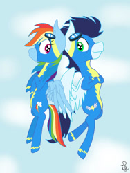 Size: 750x1000 | Tagged: safe, artist:ilaria122, derpibooru import, rainbow dash, soarin', pegasus, pony, clothes, female, male, mare, shipping, soarindash, stallion, straight, uniform, wonderbolts, wonderbolts uniform