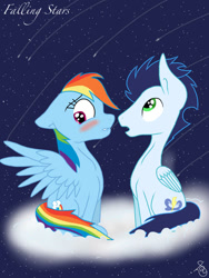 Size: 750x1000 | Tagged: safe, artist:ilaria122, derpibooru import, rainbow dash, soarin', pegasus, pony, blushing, cloud, female, male, mare, night, shipping, shooting star, sky, soarindash, stallion, straight