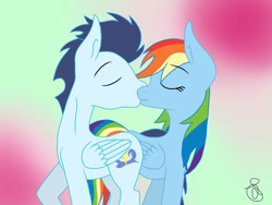 Size: 749x562 | Tagged: safe, artist:ilaria122, derpibooru import, rainbow dash, soarin', pegasus, pony, eyes closed, female, gradient background, kiss on the lips, kissing, male, mare, shipping, soarindash, stallion, straight