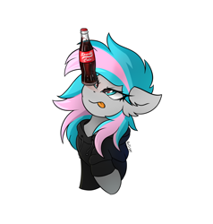 Size: 1900x2000 | Tagged: safe, artist:rejiser, derpibooru import, oc, oc only, pony, balancing, ears back, female, halfbody, looking up, ponies balancing stuff on their nose, raised hoof, raised leg, simple background, solo, sparkle cola, sweatshirt, tongue, tongue out, white background