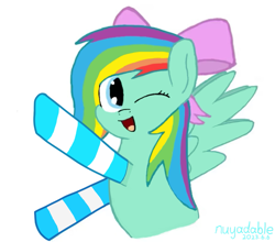 Size: 917x807 | Tagged: safe, artist:nuyadable, derpibooru import, oc, oc only, oc:emeraldbow, pegasus, pony, bow, clothes, cute, female, filly, foal, hair bow, looking at you, mare, ocbetes, open mouth, open smile, pegasus oc, simple background, smiling, smiling at you, socks, solo, striped socks, white background