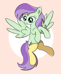 Size: 1346x1624 | Tagged: safe, artist:algoatall, derpibooru import, violet twirl, pegasus, pony, clothes, female, flying, friendship student, mare, pink background, simple background, smiling, socks, solo, spread wings, wings