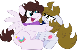 Size: 2684x1739 | Tagged: safe, artist:saveraedae, derpibooru import, oc, oc only, oc:benjamane hoofington, oc:markey malarkey, pegasus, pony, unicorn, annoyed, bandana, crossover, hug, male, simple background, smiling, solo, the mark side, transparent background