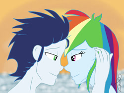 Size: 749x562 | Tagged: safe, artist:ilaria122, derpibooru import, rainbow dash, soarin', human, equestria girls, female, looking at each other, looking at someone, male, shipping, smiling, smiling at each other, soarindash, straight