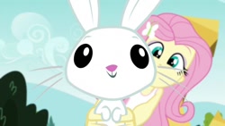 Size: 1000x563 | Tagged: safe, derpibooru import, screencap, angel bunny, fluttershy, rabbit, equestria girls, friendship games, animal