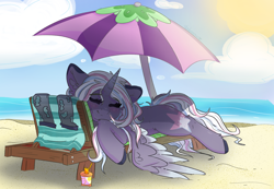 Size: 1280x885 | Tagged: safe, artist:umbreow, derpibooru import, oc, oc:exquisite, alicorn, pony, beach, beach umbrella, female, mare, solo