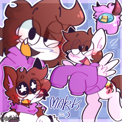 Size: 936x936 | Tagged: safe, artist:lyladestructs, derpibooru import, oc, oc:markey malarkey, anthro, dog, human, pegasus, pony, among us, anthro with ponies, bandana, clothes, crossover, hoodie, male, mark reed, ponified, species swap, the mark side, wingding eyes, wrong cutie mark