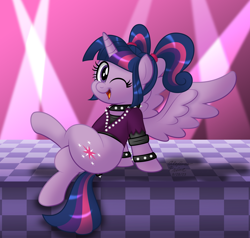 Size: 1600x1524 | Tagged: safe, artist:aleximusprime, derpibooru import, twilight sparkle, alicorn, pony, backwards cutie mark, checkered floor, choker, crossed legs, cute, female, gameloft, gameloft interpretation, looking at you, mare, one eye closed, open mouth, pigtails, rockstar sparkle, sitting, smiling, solo, spiked wristband, spotlight, spread wings, twiabetes, twintails, wings, wink, winking at you, wristband