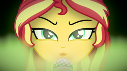 Size: 3840x2160 | Tagged: safe, artist:starless, derpibooru exclusive, derpibooru import, sunset shimmer, human, equestria girls, female, green smoke, looking at you, microphone, singing, solo