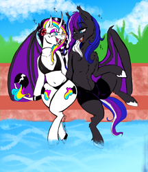 Size: 1700x1969 | Tagged: safe, artist:liechisenshi, derpibooru import, oc, oc only, oc:midnight aurora, oc:printer jam, bat pony, semi-anthro, unicorn, bikini, clothes, couple, female, male, mare, stallion, swimming pool, swimsuit