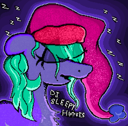 Size: 3696x3632 | Tagged: safe, artist:djsleepyhooves, derpibooru import, oc, oc:djsleepyhooves, earth pony, pony, cel shading, digital art, ears back, eyes closed, gradient background, hair over eyes, hat, ms paint, nightcap, shading, sleeping, solo, text