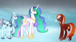 Size: 2500x1400 | Tagged: safe, artist:oniiponii, derpibooru import, princess celestia, oc, alicorn, earth pony, pony, earth pony oc, female, mare, outdoors, peytral, raised hoof, raised leg, royal guard, snow