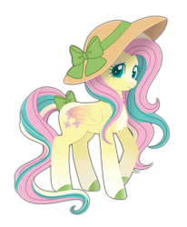 Size: 1299x1579 | Tagged: safe, artist:sleepykoinu, derpibooru import, fluttershy, pegasus, pony, alternate design, bow, choker, clothes, female, folded wings, hat, hooves, looking at you, mare, raised hoof, raised leg, redesign, simple background, smiling, smiling at you, solo, tail bow, transparent background, wings