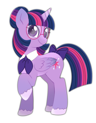 Size: 1039x1330 | Tagged: safe, artist:sleepykoinu, derpibooru import, twilight sparkle, twilight sparkle (alicorn), alicorn, pony, alternate design, alternate hairstyle, bow, female, folded wings, glasses, head turn, hooves, looking at you, mare, necktie, raised hoof, raised leg, redesign, simple background, smiling, smiling at you, solo, tail bow, transparent background, wings