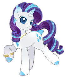 Size: 1135x1349 | Tagged: safe, artist:sleepykoinu, derpibooru import, rarity, pony, unicorn, alternate design, bow, bracelet, ear piercing, earring, female, head turn, hooves, jewelry, mare, necklace, piercing, raised hoof, raised leg, redesign, simple background, smiling, solo, transparent background