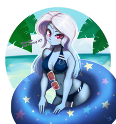 Size: 937x1000 | Tagged: safe, artist:the-park, derpibooru import, trixie, human, equestria girls, g4, bare shoulders, beach, bikini, blushing, breasts, clothes, female, inner tube, leaf, looking at you, ocean, palm tree, sleeveless, solo, sunglasses, swimsuit, talking to viewer, titsie, tube, water, wet