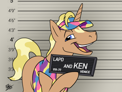 Size: 2000x1500 | Tagged: safe, artist:potes, derpibooru import, pony, unicorn, barbie (film), barbie mugshot meme, blaze (coat marking), coat markings, crossover, facial markings, heart, heart mark, ken, male, meme, mugshot, ponified, species swap, stallion