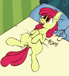 Size: 915x1005 | Tagged: safe, artist:xppp1n, derpibooru import, apple bloom, earth pony, pony, adorabloom, bed, blushing, cute, dock, eye clipping through hair, female, filly, foal, meme, missing accessory, onomatopoeia, open mouth, pillow, pomf, solo, tail, what are we gonna do on the bed?